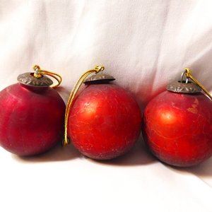 Vintage Crackle Glass Kugel Style Round Red Ornaments - Lot of 3 Made in India